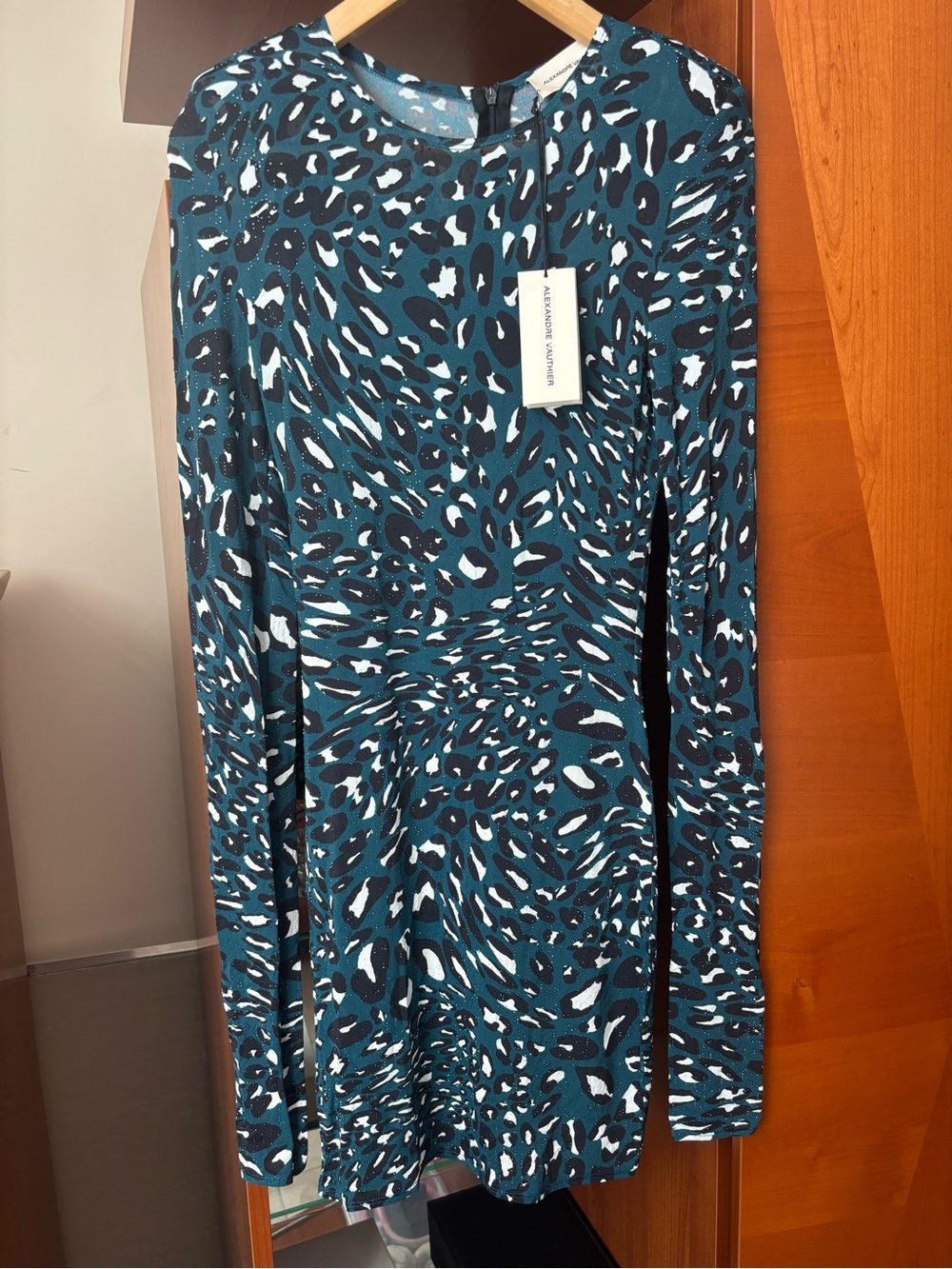 Alexandre Vauthier Long Sleeve Teal Leopard Print Bodycon Dress